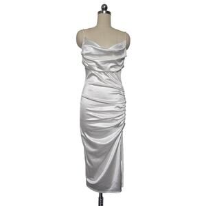 Windsor Formal White Satin Cowl Neck Midi Dress, Sz L, PTP (relaxed): 16in